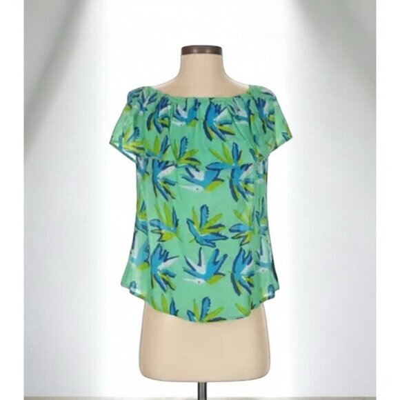 Oliphant Tops - Oliphant Green Blue Tropicana Off Shoulder Ruffled Blouse Top Size XS NWT
